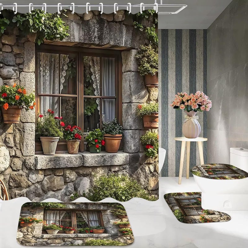 DDQQ 4PCS Spring Landscape Shower Curtain Bathroom Set with Rugs, Toilet Lid Cover and Bath Mat, Windowsill Floral Shower Curtain with 12 Hooks, Complete Bathroom Accessories Decor Set - Image 3